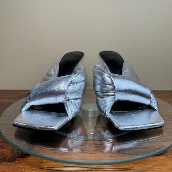 MARC FISHER Silver Knot Dellian Square Toe Slip On Leather Heeled Sandal - Picture 6 of 15